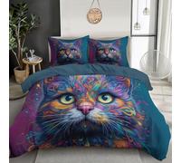 3D Print Colorful Cat Duvet Cover Set Super King Size 220 X 260 Cm Abstract Cat Portrait Bedding Set Decorative Microfiber Comforter Cover With 2 Pillow Shams, 3 Pcs Dark Blue