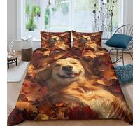 3D Print Com4table Microfibre Golden dog Quilt Cover Breathable Bedding Sets w/ Matching Pillowcase Autumn leaf play Comforter Cover All Season, Easy Care, Washable Bedroom Decor Single（135x200cm）