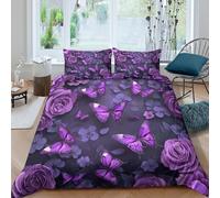 3D Print Com4table Microfibre Purple butterflies Quilt Cover Breathable Bedding Sets w/Matching Pillowcase Floral art design Comforter Cover Easy Care, Washable Bedroom Decor King(220x240cm)