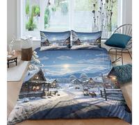 3D Print Com4table Microfibre Snowy Village Scene Duvet Cover Easy Care Bedding Set w/Pillowcases Winter L&scape Art Comforter Cover All Season Breathable Washable Bedroom Decor Double（200x200cm）