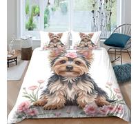 3D Print Comfortable Microfibre Cute Yorkshire Terrier Quilt Cover Set Soft Bedding Set w/ Pillowcases Floral Decor Comforter Cover All Season Easy Care, Washable for Men Women Kids Single（135x200cm）