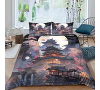 3D Print Comfortable Microfibre Japanese temple Quilt Cover Set Breathable Bedding Set w/ Pillow Shams digital Style_ Duvet Cover All Season, Easy Care, Washable for All Super king（260x220cm）