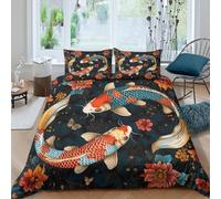 3D Print Comfortable Microfibre Koi fish art Quilt Cover Set Breathable Bedding Set w/Pillow Shams Japanese floral design Duvet Cover All Season, Easy Care, Washable for All Super king（260x220cm）