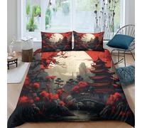 3D Print Comfortable Microfibre Red pagoda Quilt Cover Set Soft Bedding Set w/ Pillowcases Asian mystical landscape Comforter Cover All Season Easy Care, Washable for Men Women Kids King（220x240cm）