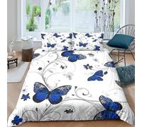 3D Print Comfy Microfibre Blue butterfly Comforter Cover Breathable Bedding Set w/ Pillowcases Ornamental floral design Quilt Cover All Season Easy Care, Washable for Home Decor Single（140x200cm）