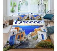 3D Print Comfy Microfibre Greece Coastal Duvet Cover Set Breathable Bedding Set with Pillow Cases Mediterranean Village Bed Quilt Cover All Season Soft Washable for Boys Girls Kids Single（135x200cm）