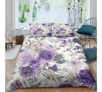 3D Print Comfy Microfibre Purple floral Comforter Cover Breathable Bedding Set with Pillowcases Vintage garden Quilt Cover All Season Easy Care Machine Washable for Home Decor Single（140x200cm）