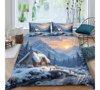 3D Print Comfy Microfibre Snowy cabin Bed Quilt Cover Easy Care Bedding Set w/ Pillow Shams Winter mountain l&scape Quilt Cover Set All Season Breathable for Boys Girls Kids Double（200x200cm）