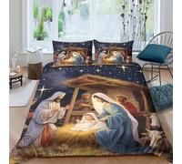 3D Print Cosy Microfiber Christmas scene Quilt Cover Breathable Bedding Sets with Matching Pillowcase religious nativity Comforter Cover All Season, Easy Care, Washable for All Super king（260x220cm）