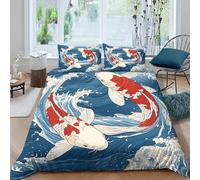 3D Print Cosy Microfiber Koi fish art Duvet Cover Set Easy Care Bedding Set w/Pillow Cases Japanese wave style Comforter Cover All Season Breathable Washable for Bedroom Decor Double（200x200cm）