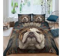 3D Print Cosy Microfibre Bulldog With Bed Quilt Cover Easy Care Bedding Set w/ Pillowcases Native American Inspired Comforter Cover All Season Breathable Washable for Men Women Kids Single（135x200cm）