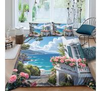 3D Print Cosy Microfibre Coastal villa Quilt Cover All Season Bedding Set w/ Pillow Cases Mediterranean style decor Comforter Cover All Season Easy Care Machine Washable for Couples Double（200x200cm）