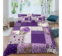 3D Print Cosy Microfibre Purple floral patterns Comforter Cover All Season Bedding Set w/ Pillowcases Vintage patchwork Quilt Cover Easy Care Breathable Washable for Bedroom Decor Double（200x200cm）