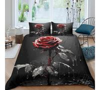 3D Print Cosy Microfibre Red rose Comforter Cover Set All Season Bedding Set with Pillowcases dark moody art Quilt Cover Easy Care Breathable Machine Washable for Bedroom Decor Single（140x200cm）