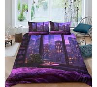 3D Print Easy Care Microfiber Cozy bedroom view Duvet Cover Breathable Bedding Sets with Matching Pillowcase Night cityscape style Comforter Cover All Season Washable for Home Decor Single（135x200cm）