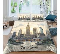 3D Print Easy Care Microfiber New York skyline Quilt Cover All Season Bedding Set w/ Pillowcase illustrated cityscape Duvet Cover Set Easy Care, Washable for Kids Teens Boys Girls Double（200x200cm）