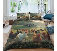 3D Print Easy Care Microfiber Rural Chicken Quilt Cover Set Breathable Bedding Set with Pillow Cases Pastoral Countryside Bedding Quilt Cover All Season Soft Washable for Teens Adults King（220x240cm）