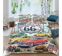 3D Print Easy Care Microfibre Classic cars USA Bed Quilt Cover Easy Care Bedding Set w/Pillowcases Vintage road trip art Duvet Cover All Season Breathable Washable for Home Decor Single（140x200cm）