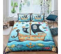 3D Print Easy Care Microfibre Pirate ship Bedding Quilt Cover Breathable Bedding Set with Pillow Cases Cartoon pirate adventure Duvet Cover All Season Washable for Bedroom Decor Single（140x200cm）