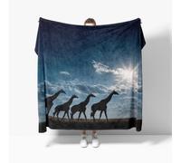 3D Print Light Blue Flannel Fleece Throw Blanket Super King 180x220cm | Soft Fluffy Silhouette Of A Giraffe On The Grassland Sofa Blanket for Kids Girls Boys, Warm Bed Blankets for All Season