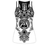 3D Print Nordic Mythology Polyesters Workout Activewear Women Hugin munin set Tank Tops Legging Skull Yoga Outfits(Odin Wolf Tops,S)