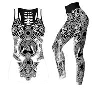 3D Print Nordic Mythology Polyesters Workout Activewear Women Hugin munin set Tank Tops Legging Skull Yoga Outfits(Odin Wolf Set,S)