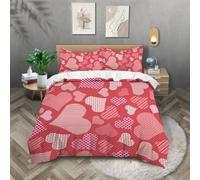 3D Print Pink Hearts Quilt Cover Set Super King 260x220 Geometric Patterns Bedding Set Soft Microfiber Hypoallergenic Duvet Cover with Zipper Closure and 2 Pillowcases 50x75 A.1560
