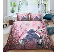 3D Print Pink Peach Blossom Quilt Cover Set King Size 230x220 Famous Architecture Bedding Set Soft Microfiber 3-Piece Fluffy Duvet Cover Set Suitable for boys Girls and Teenagers C.2447