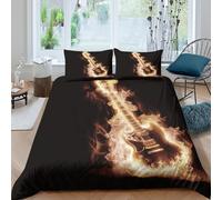 3D Print Skin-Friendly Microfiber Electric guitar Comforter Cover Easy Care Bedding Set w/ Pillowcase Rock flame design Quilt Cover Set All Season Machine Washable for Teens Adults Single（135x200cm）