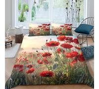 3D Print Skin-Friendly Microfiber Red poppy field Bed Quilt Cover Soft Bedding Set w/Pillowcase Nature art Bedding Quilt Cover All Season Easy Care, Washable for Kids Boys Girls King（220x240cm）