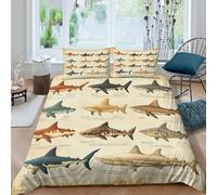 3D Print Skin-Friendly Microfiber Shark species Bed Quilt Cover Soft Bedding Set w/ Pillowcase Vintage marine biology Bedding Quilt Cover All Season, Easy Care, Washable for Kids Single（140x200cm）