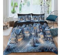 3D Print Skin-Friendly Microfiber Winter Village Comforter Cover All Season Bedding Set w/ Pillowcase Cozy Snow-Covered Bed Quilt Cover Easy Care, Washable for Kids Teens Boys Girls Single（135x200cm）