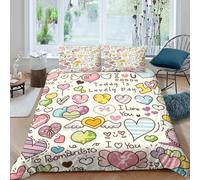 3D Print Skin-Friendly Microfibre Heart doodles Bedding Quilt Cover Breathable Bedding Set w/ Pillowcases Cartoon love style Bed Quilt Cover All Season Washable for Bedroom Decor Single（135x200cm）