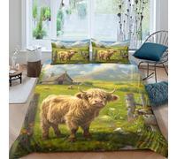 3D Print Skin-Friendly Microfibre Highl& cow Comforter Cover All Season Bedding Sets w/ Pillowcases Rural pastoral scene Quilt Cover Set All Season, Easy Care, Bedroom Decor Single（140x200cm）