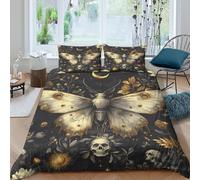 3D Print Skin-Friendly Microfibre Moth with moon Bed Quilt Cover Breathable Bedding Set w/Pillowcases Vintage mystical art Duvet Cover All Season, Easy Care, Washable for All Single（135x200cm）