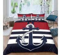 3D Print Skin-Friendly Microfibre Nautical anchor Bed Quilt Cover Breathable Bedding Set w/ Pillowcases Marine stripe design Duvet Cover All Season, Easy Care, Washable for All Single（140x200cm）