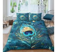 3D Print Skin-Friendly Microfibre Peacock feather Duvet Cover Easy Care Bedding Set w/Pillowcases Abstract mosaic art Quilt Cover Set All Season Soft Washable for Boys Girls Kids Single（135x200cm）