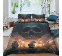 3D Print Skin-Friendly Microfibre Pirate ship battle Duvet Cover Easy Care Bedding Set w/ Pillowcases Dark fantasy artwork Quilt Cover Set All Season Soft Washable Boys Girls Kids Double（200x200cm）