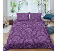 3D Print Skin-Friendly Microfibre Purple floral pattern Bed Quilt Cover Breathable Bedding Set w/ Pillowcases Baroque ornamental Duvet Cover All Season, Easy Care, Washable for All Single（135x200cm）