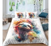 3D Print Skin-Friendly Microfibre Sloth portrait Comforter Cover All Season Bedding Sets w/ Pillowcases Colorful watercolor style Quilt Cover Set Easy Care, Washable Bedroom Decor Single(140x200cm)