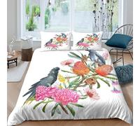 3D Print Soft Microfiber Birds+FloralArt Comforter Cover Easy Care Bedding Set w/ Pillow Cases AustralianWildlifeStyle Duvet Cover All Season Breathable Washable for Home Decor Single（140x200cm）