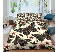 3D Print Soft Microfiber Butterfly floral Duvet Cover Set Easy Care Bedding Pillow Cases Tattoo style art Bedding Quilt Cover All Season Breathable Washable Kids Teens Boys Girls Single(135x200cm)