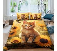3D Print Soft Microfiber Cute kitten Duvet Cover Easy Care Bedding Set with Pillow Shams Sunflower garden art Comforter Cover All Season Breathable Washable for Kids Teens Adults King（220x240cm）