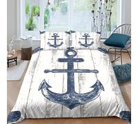 3D Print Soft Microfiber Nautical anchor Bed Quilt Cover Breathable Bedding Set with Pillow Shams Blue vintage maritime Comforter Cover All Season, Easy Care, Washable for All Single（140x200cm）