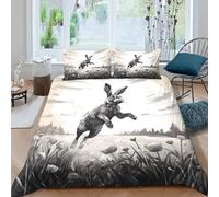 3D Print Soft Microfiber Rabbit Jumping Bedding Quilt Cover Easy Care Bedding Set with Pillow Cases Nature Illustration Style Bed Quilt Cover All Season Soft Washable for All Super king（260x220cm）