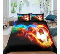 3D Print Soft Microfiber Soccer ball fire Bedding Quilt Cover Easy Care Bedding Set with Pillow Cases Dynamic sports art Bed Quilt Cover All Season Soft Washable for All Single（135x200cm）
