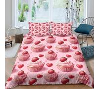 3D Print Soft Microfiber Strawberry cupcakes Duvet Cover Set Breathable Bedding Pillow Shams Sweet pastel dessert Bedding Quilt Cover All Season, Easy Care, Washable Home Decor Single(135x200cm)