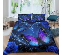 3D Print Soft Microfibre Blue butterfly art Quilt Cover Sets Skin Friendly Bedding Set with Pillow Cases Fantasy floral design Bed Quilt Cover All Season Machine Washable for Couples King（220x240cm）