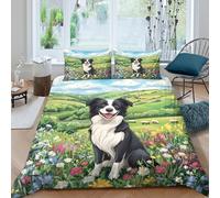 3D Print Soft Microfibre Border Collie dog Quilt Cover Set Easy Care Bedding Set w/Pillowcases Pastoral l&scape art Comforter Cover All Season Breathable Washable for Bedroom Decor Single（140x200cm）