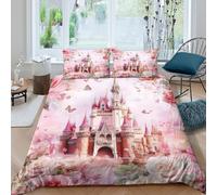 3D Print Soft Microfibre Castle fantasy Bedding Quilt Cover Easy Care Bedding Set with Pillow Cases Dreamy pink fairytale Quilt Cover Set All Season Soft for Boys Girls Kids Single（135x200cm）